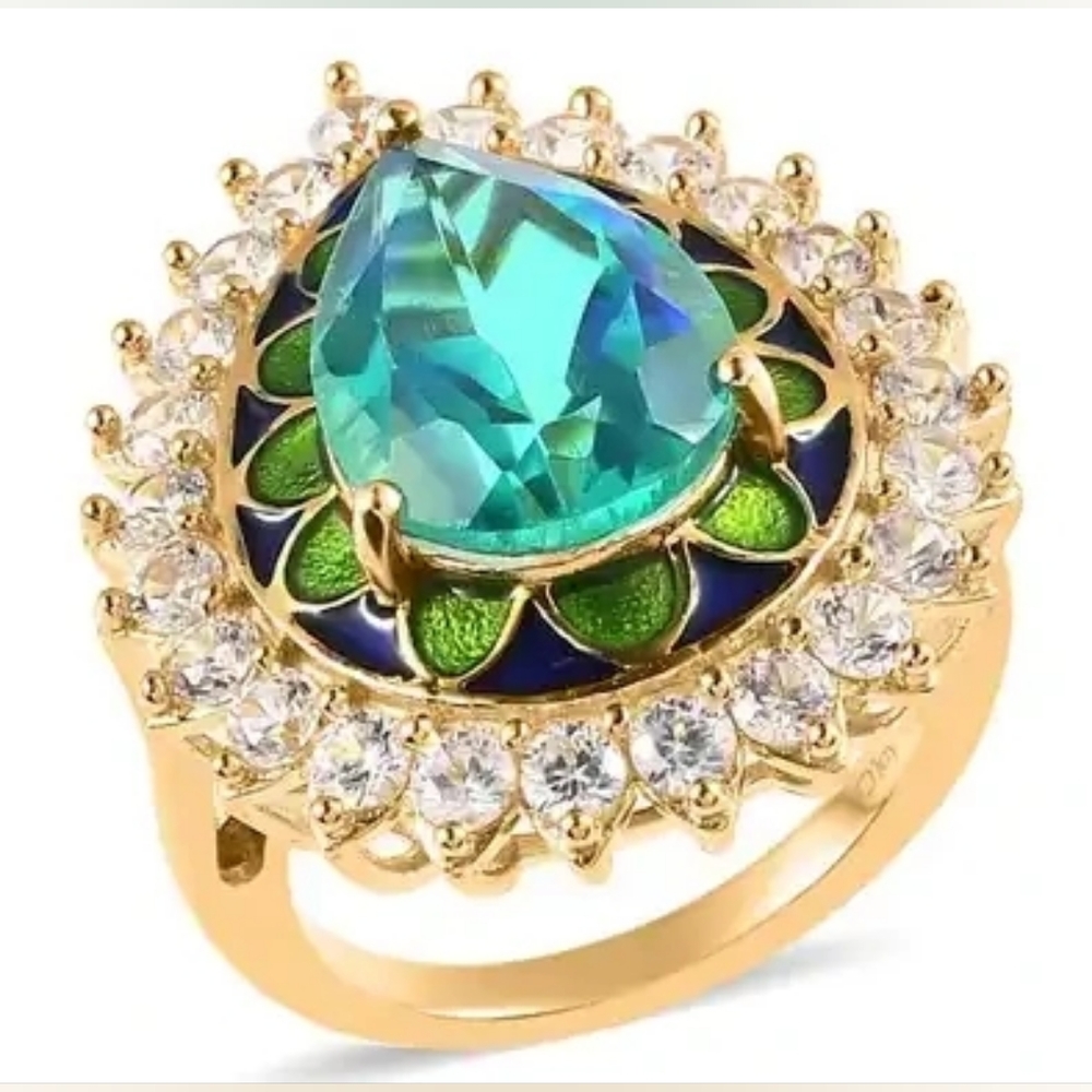Peacock Quartz Triplet and White Zircon Enameled Halo Ring - Picture 1 of 6